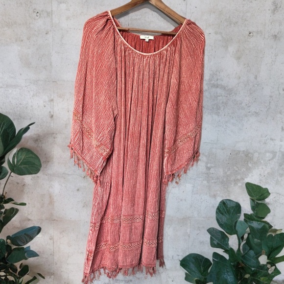 Easel Boho Tassel Caftan Oversized Dress Rust Red Crinkle Rayon Embroidered | S - Picture 1 of 10